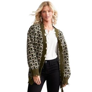 BKE Destructed Flyaway Cardigan Olive Navy Distressed Open Front Knit Large NWOT